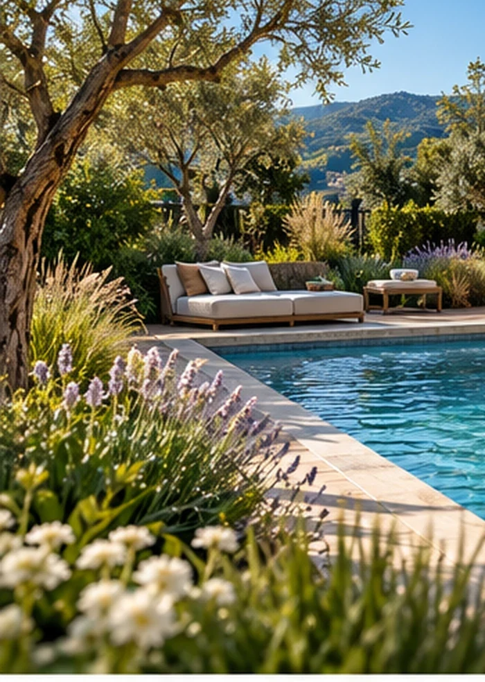 Détail d’un jardin paysager autour d’une mini-piscine